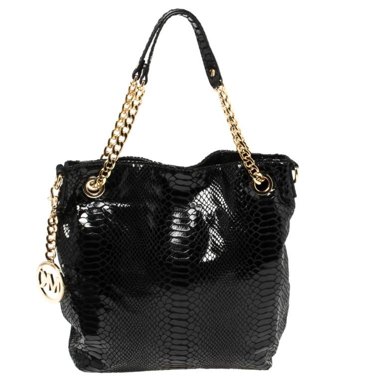 Pre Owned Michael Kors Black Python Embossed Leather Chain Tote