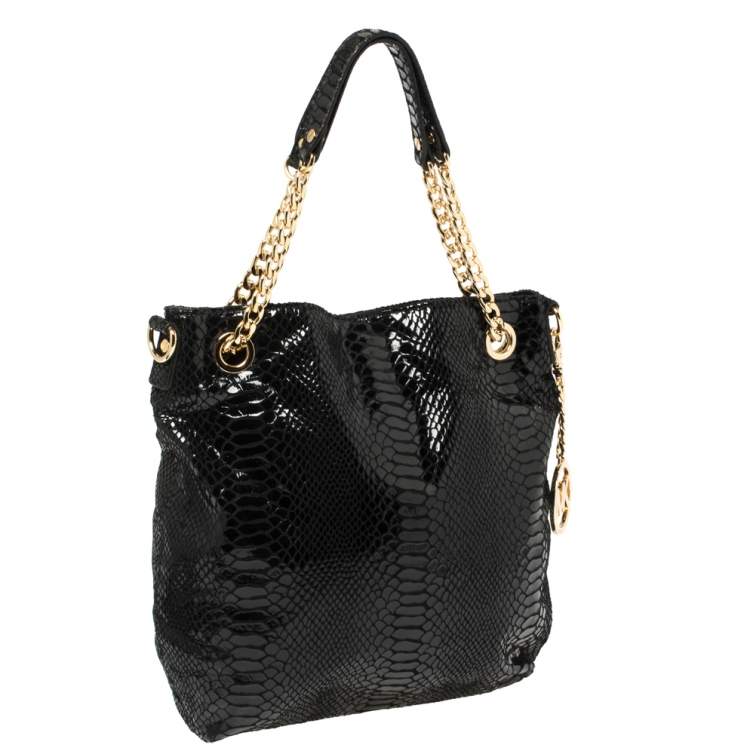 Pre Owned Michael Kors Black Python Embossed Leather Chain Tote