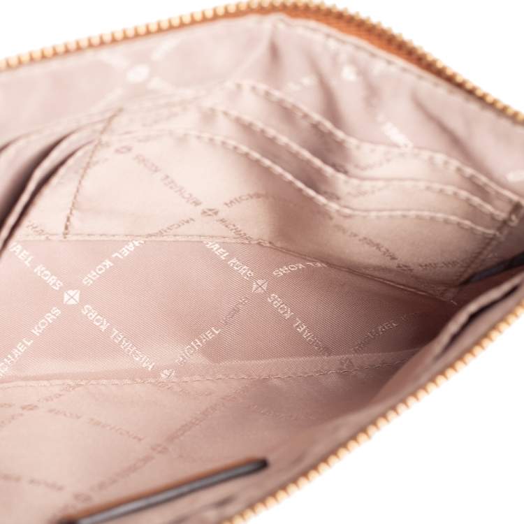 Pre Owned Michael Kors Beige/Gold Croc Embossed Leather and Signature Coated Canvas Large Jet Set Wristlet Clutch