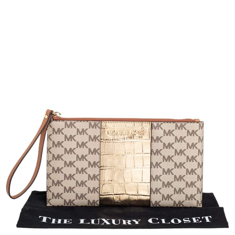 Pre Owned Michael Kors Beige/Gold Croc Embossed Leather and Signature Coated Canvas Large Jet Set Wristlet Clutch