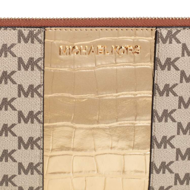 Pre Owned Michael Kors Beige/Gold Croc Embossed Leather and Signature Coated Canvas Large Jet Set Wristlet Clutch