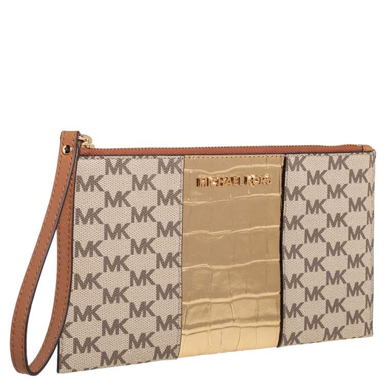 Pre Owned Michael Kors Beige/Gold Croc Embossed Leather and Signature Coated Canvas Large Jet Set Wristlet Clutch