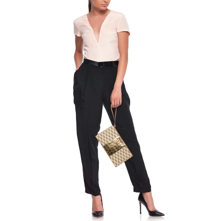 Pre Owned Michael Kors Beige/Gold Croc Embossed Leather and Signature Coated Canvas Large Jet Set Wristlet Clutch