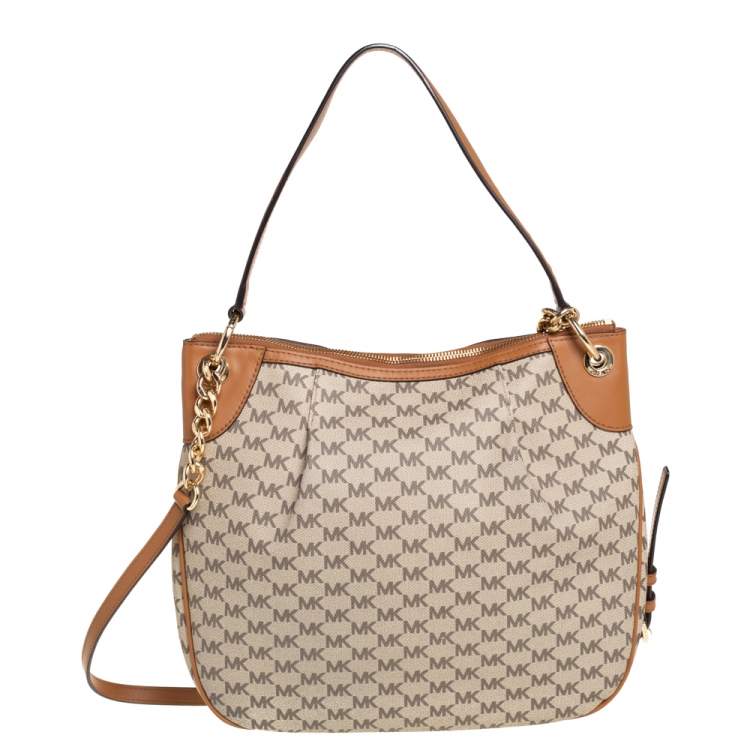 Pre Owned Michael Kors Beige/Brown Signature Coated Canvas and Leather Jet Set Hobo