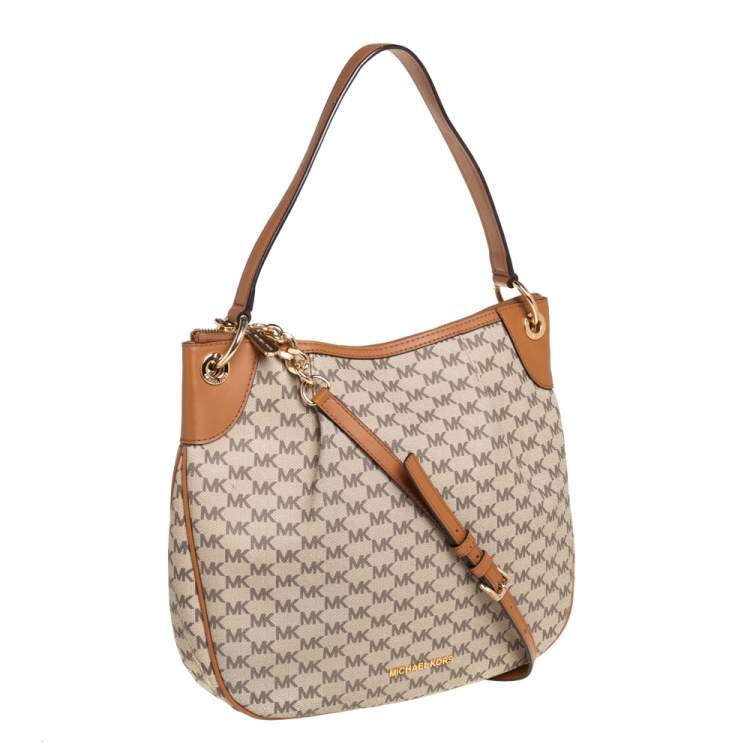 Pre Owned Michael Kors Beige/Brown Signature Coated Canvas and Leather Jet Set Hobo