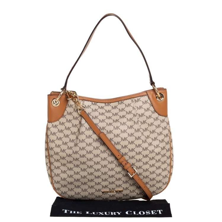 Pre Owned Michael Kors Beige/Brown Signature Coated Canvas and Leather Jet Set Hobo