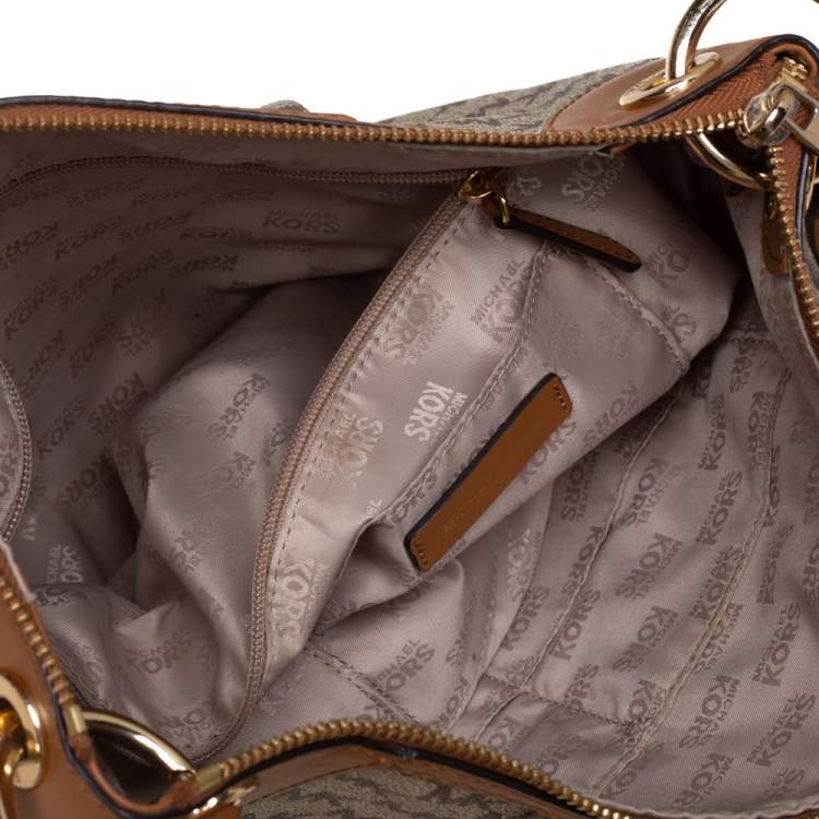 Pre Owned Michael Kors Beige/Brown Signature Coated Canvas and Leather Jet Set Hobo