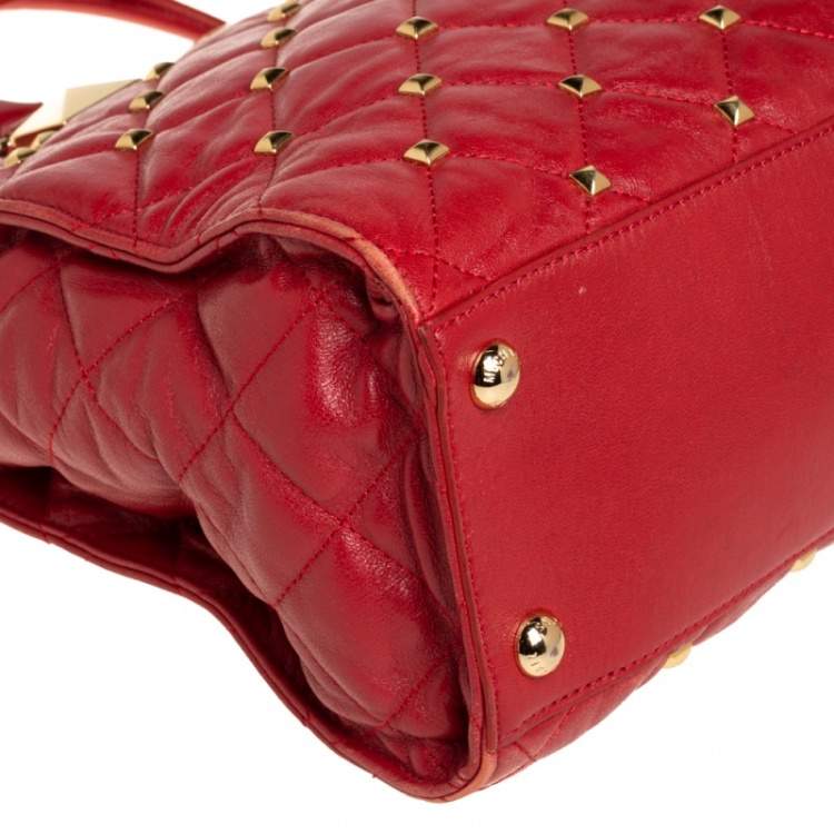 Pre Owned Michael Kors Red Quilted Leather Studded Hamilton Tote 