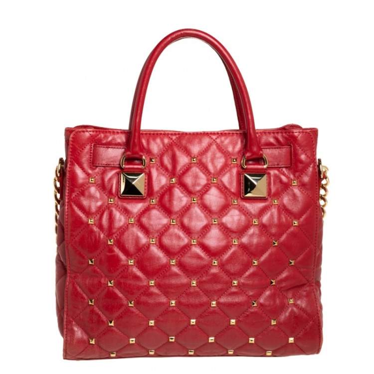 Pre Owned Michael Kors Red Quilted Leather Studded Hamilton Tote 