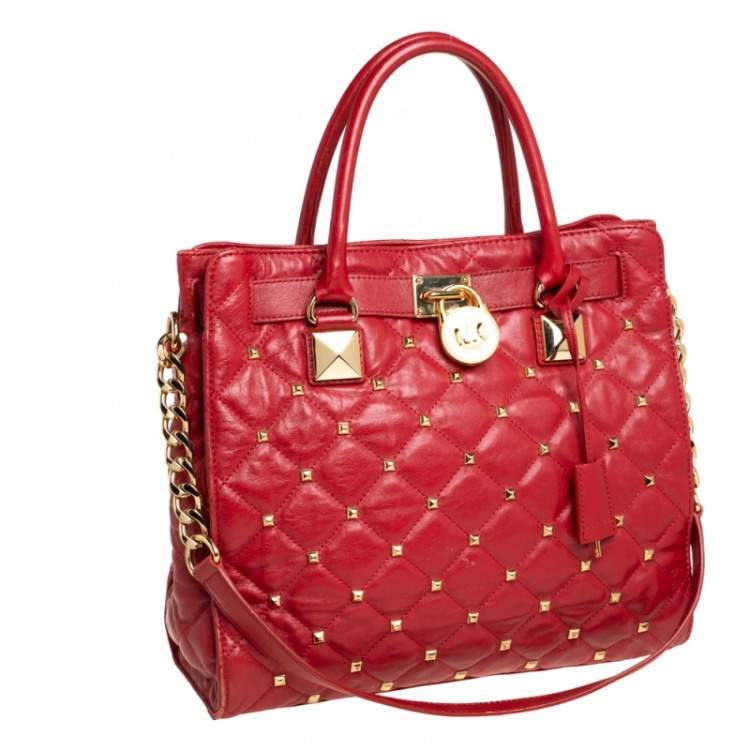 Pre Owned Michael Kors Red Quilted Leather Studded Hamilton Tote 