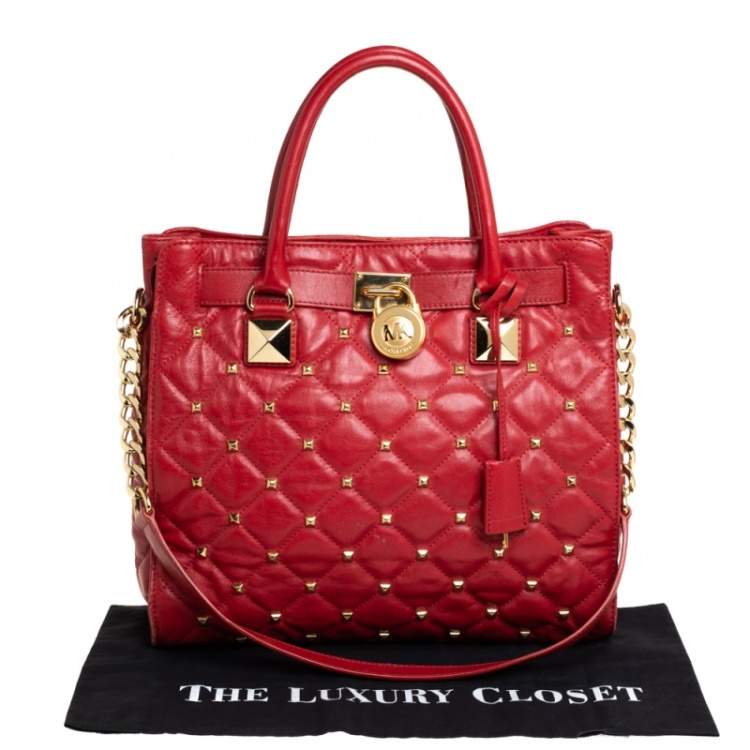 Pre Owned Michael Kors Red Quilted Leather Studded Hamilton Tote 