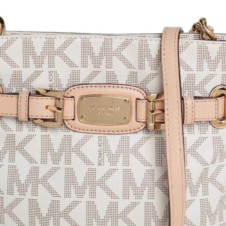 Pre Owned Michael Kors Cream/Tan Coated Canvas and Leather Hamilton Crossbody Bag