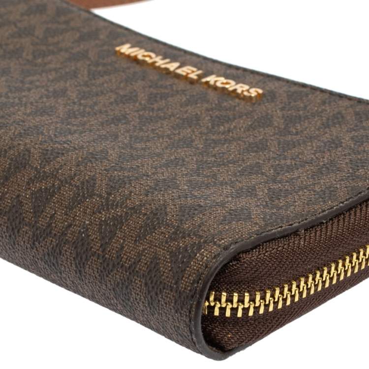 Pre Owned Michael Kors Brown Monogram Coated Canvas Zip Around Wallet