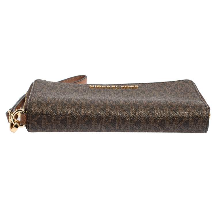 Pre Owned Michael Kors Brown Monogram Coated Canvas Zip Around Wallet