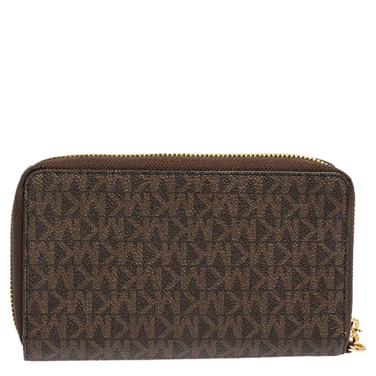 Pre Owned Michael Kors Brown Monogram Coated Canvas Zip Around Wallet