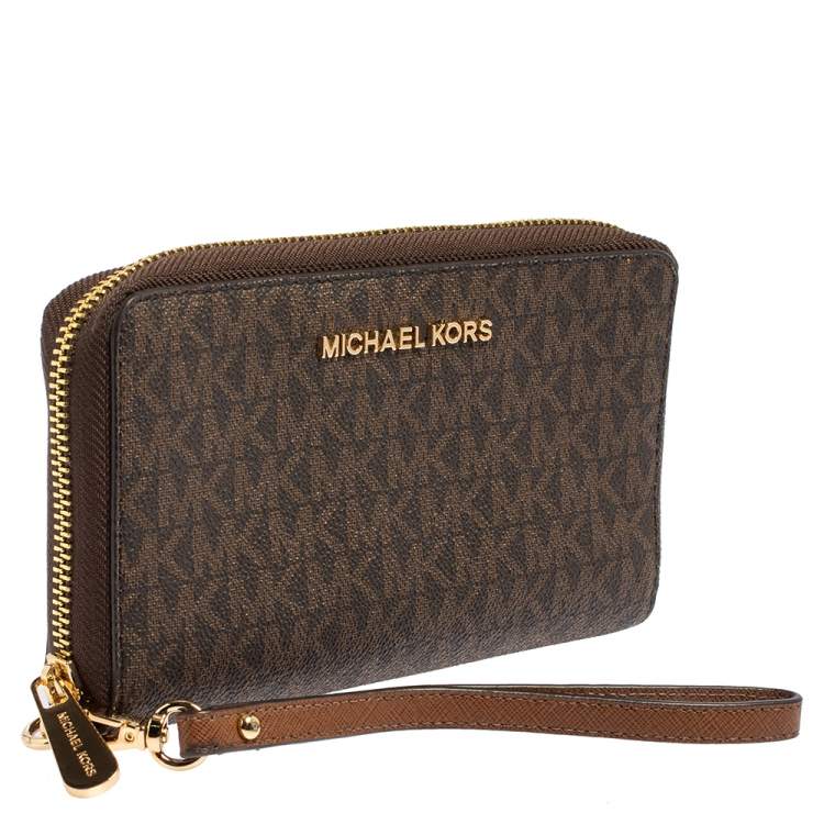 Pre Owned Michael Kors Brown Monogram Coated Canvas Zip Around Wallet