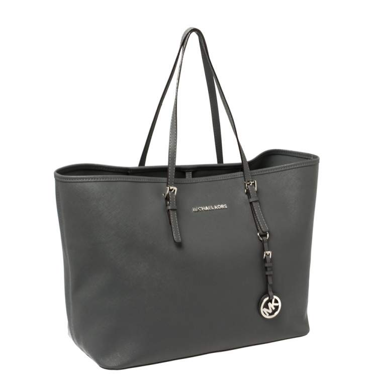 Pre Owned Michael Kors Grey Saffiano Leather Large Jet Set Travel Tote
