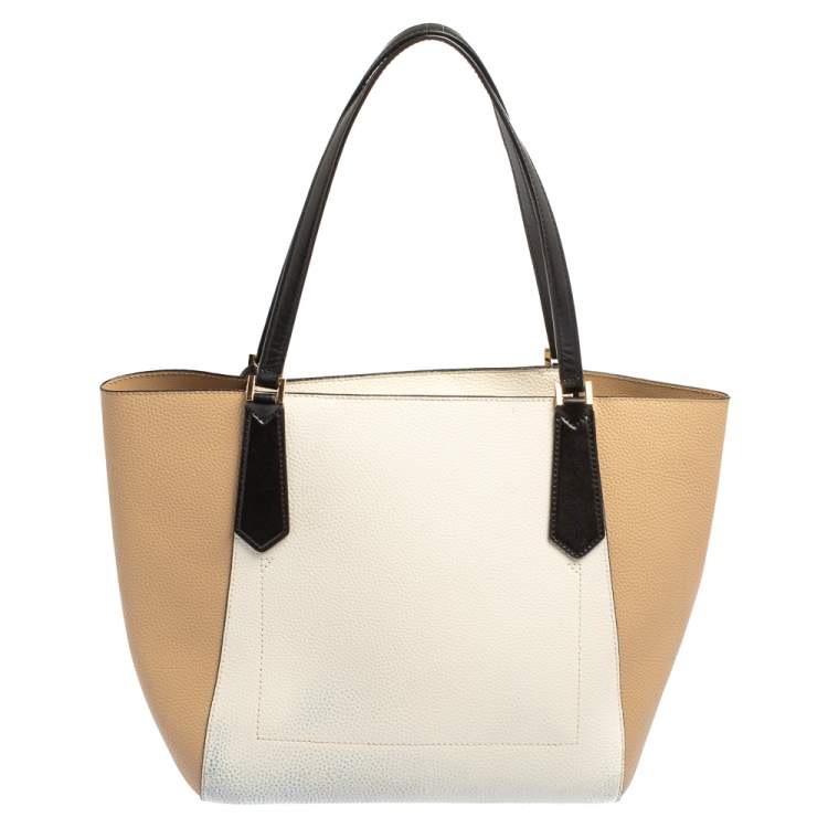 Pre Owned Michael Kors Beige/White Leather Kimberly Tote