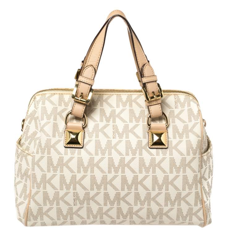 Pre Owned MICHAEL Michael Kors Ivory/Beige Signature Coated Canvas and Leather Grayson Boston Bag