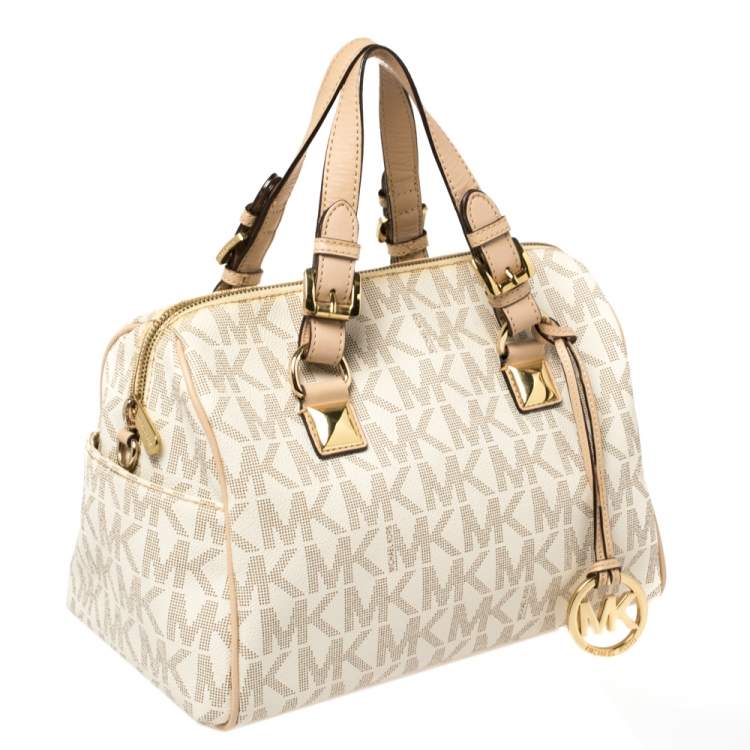 Pre Owned MICHAEL Michael Kors Ivory/Beige Signature Coated Canvas and Leather Grayson Boston Bag