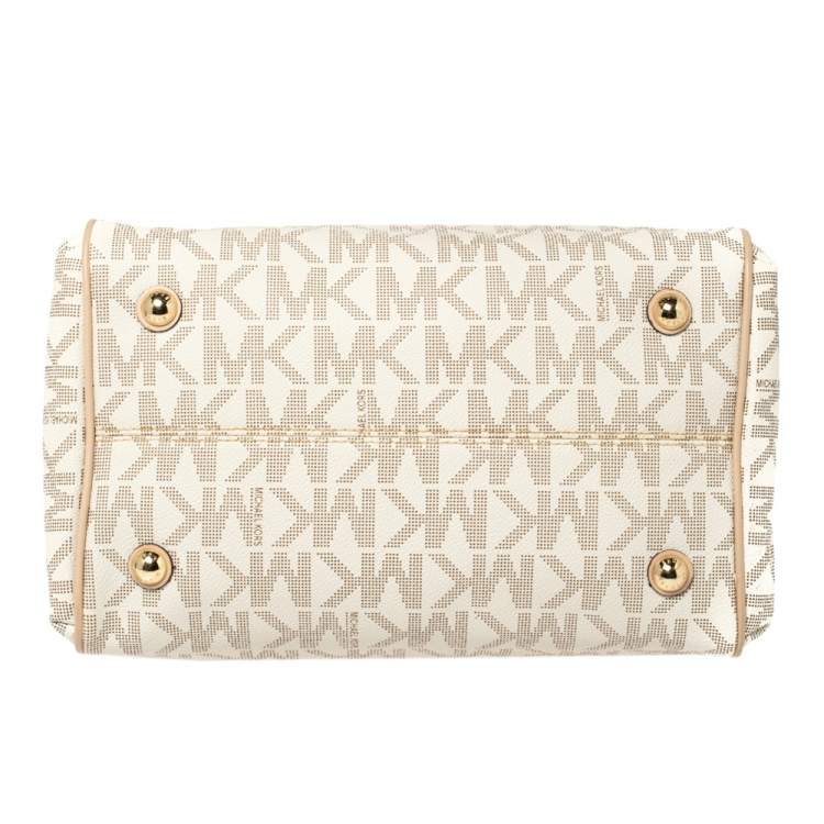Pre Owned MICHAEL Michael Kors Ivory/Beige Signature Coated Canvas and Leather Grayson Boston Bag