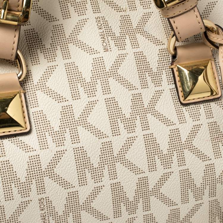 Pre Owned MICHAEL Michael Kors Ivory/Beige Signature Coated Canvas and Leather Grayson Boston Bag