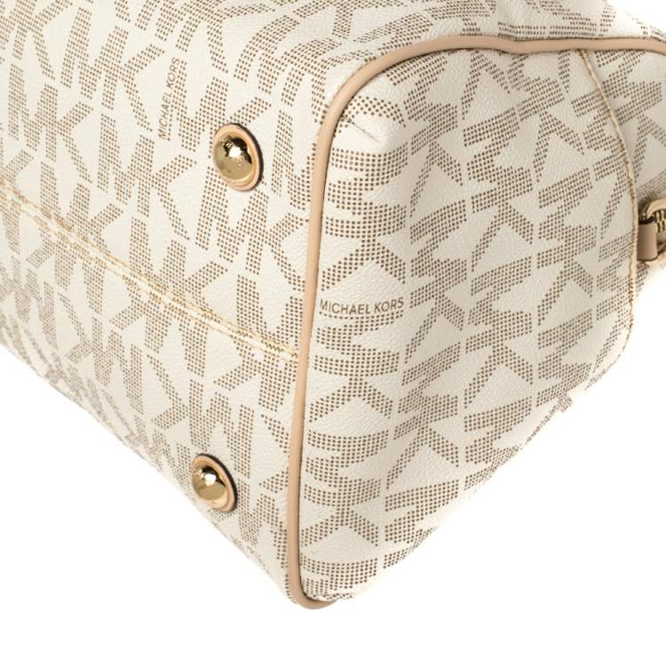 Pre Owned MICHAEL Michael Kors Ivory/Beige Signature Coated Canvas and Leather Grayson Boston Bag