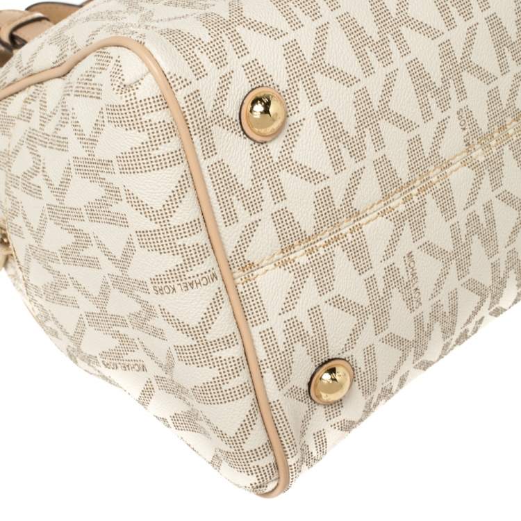 Pre Owned MICHAEL Michael Kors Ivory/Beige Signature Coated Canvas and Leather Grayson Boston Bag