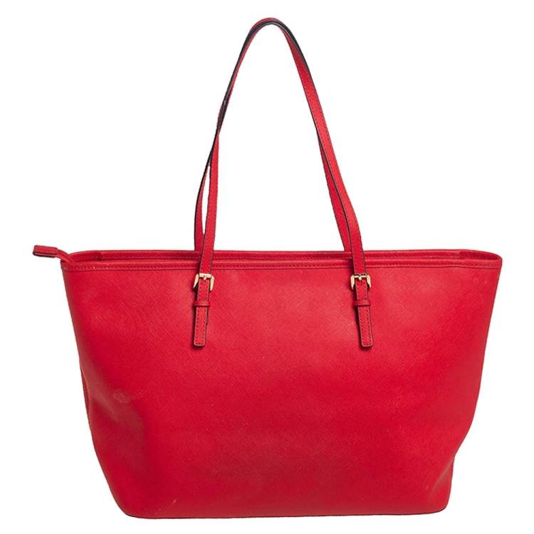 Pre Owned Michael Kors Red Leather Large Jet Set Travel Tote