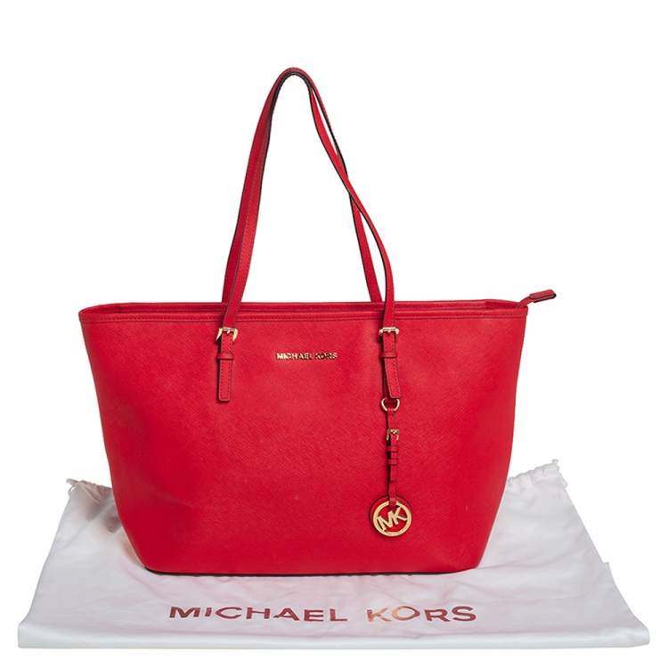 Pre Owned Michael Kors Red Leather Large Jet Set Travel Tote
