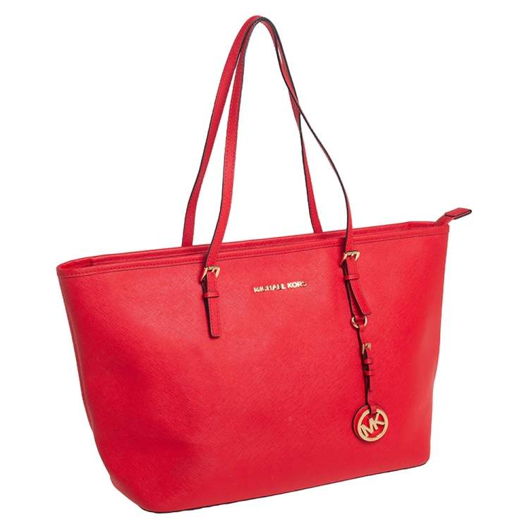 Pre Owned Michael Kors Red Leather Large Jet Set Travel Tote