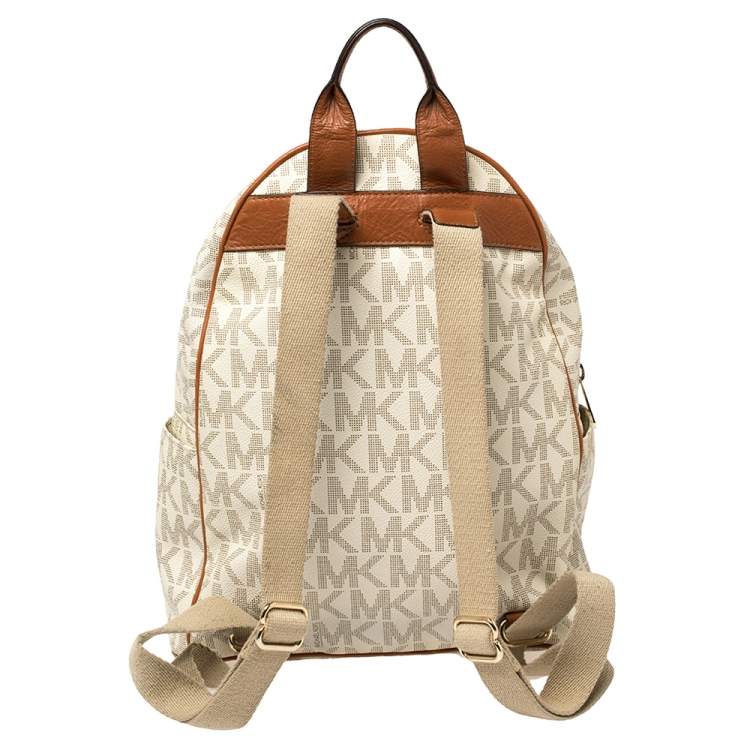 Pre Owned Michael Kors White Signature Coated Canvas Large Studded Jet Set Backpack