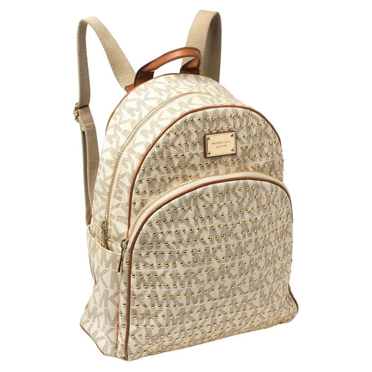 Pre Owned Michael Kors White Signature Coated Canvas Large Studded Jet Set Backpack