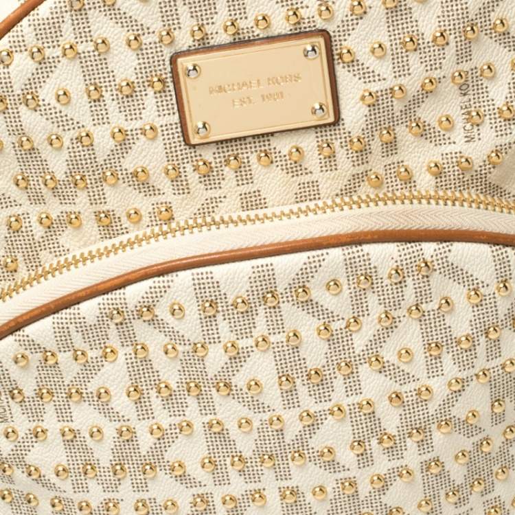 Pre Owned Michael Kors White Signature Coated Canvas Large Studded Jet Set Backpack