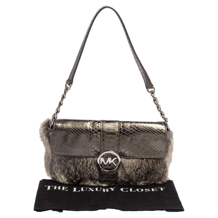 Pre Owned Michael Kors Metallic Grey Python Embossed Leather and Rabbit Fur Fulton Baguette 