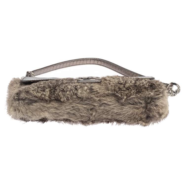 Pre Owned Michael Kors Metallic Grey Python Embossed Leather and Rabbit Fur Fulton Baguette 