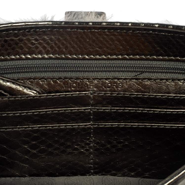 Pre Owned Michael Kors Metallic Grey Python Embossed Leather and Rabbit Fur Fulton Baguette 