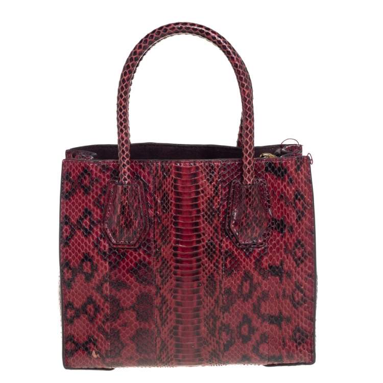 Pre Owned Michael Kors Burgundy Snakeskin Small Mercer Tote