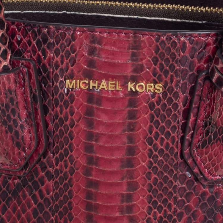Pre Owned Michael Kors Burgundy Snakeskin Small Mercer Tote