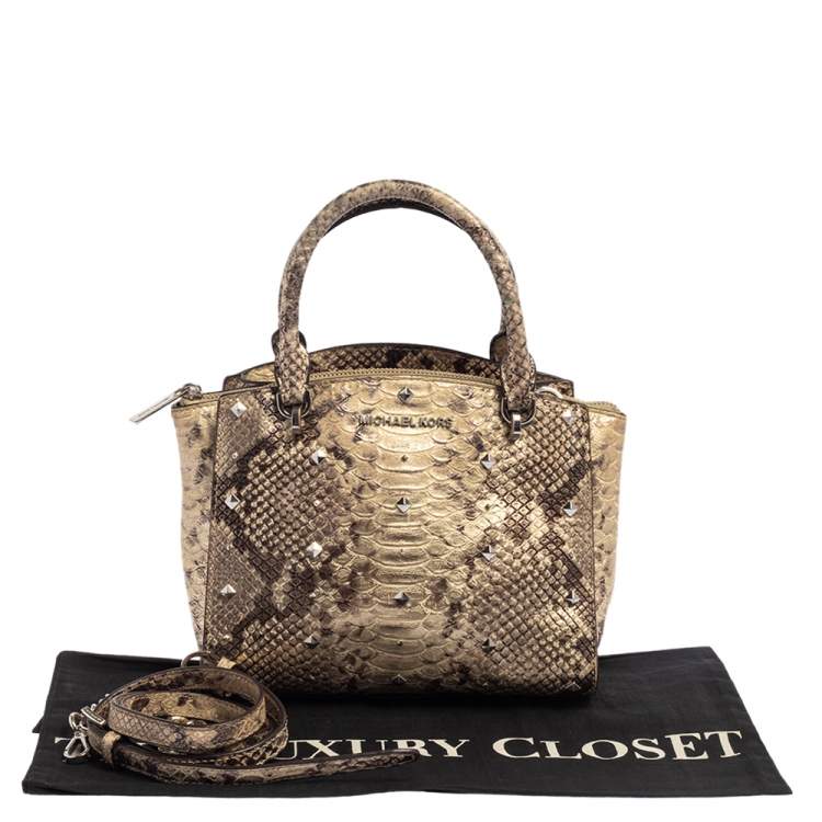 Pre Owned Michael Kors Metallic Gold and Black Python Embossed Leather Tote