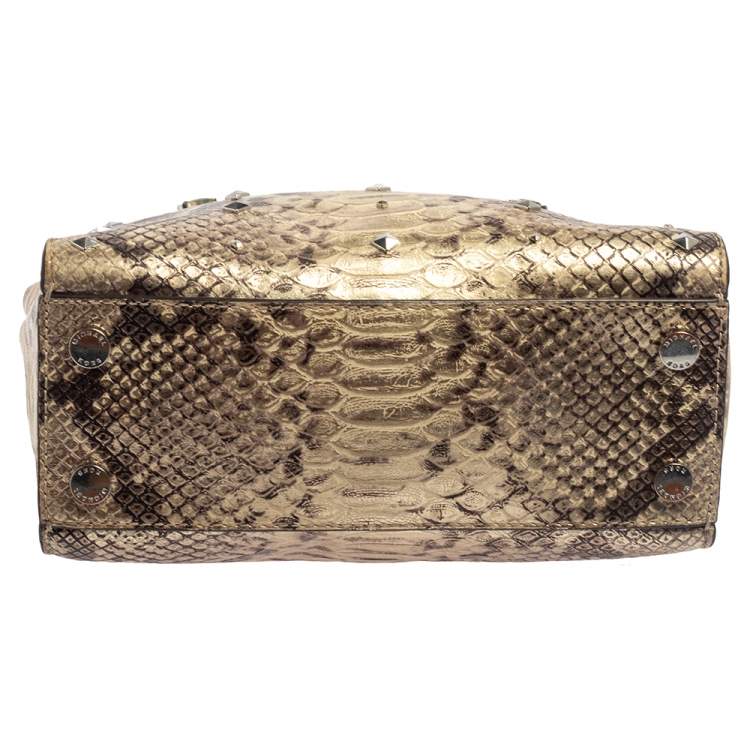 Pre Owned Michael Kors Metallic Gold and Black Python Embossed Leather Tote