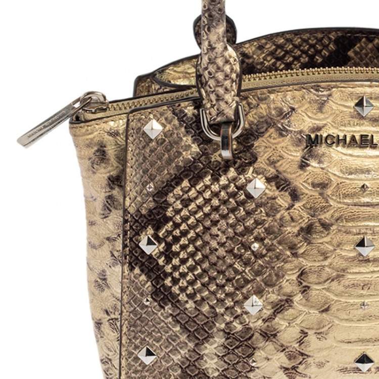 Pre Owned Michael Kors Metallic Gold and Black Python Embossed Leather Tote