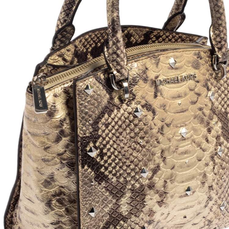 Pre Owned Michael Kors Metallic Gold and Black Python Embossed Leather Tote