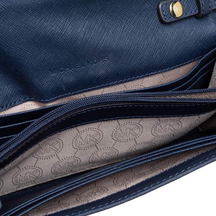 Pre Owned Michael Kors Blue Textured Leather Jet Set Chain Wallet