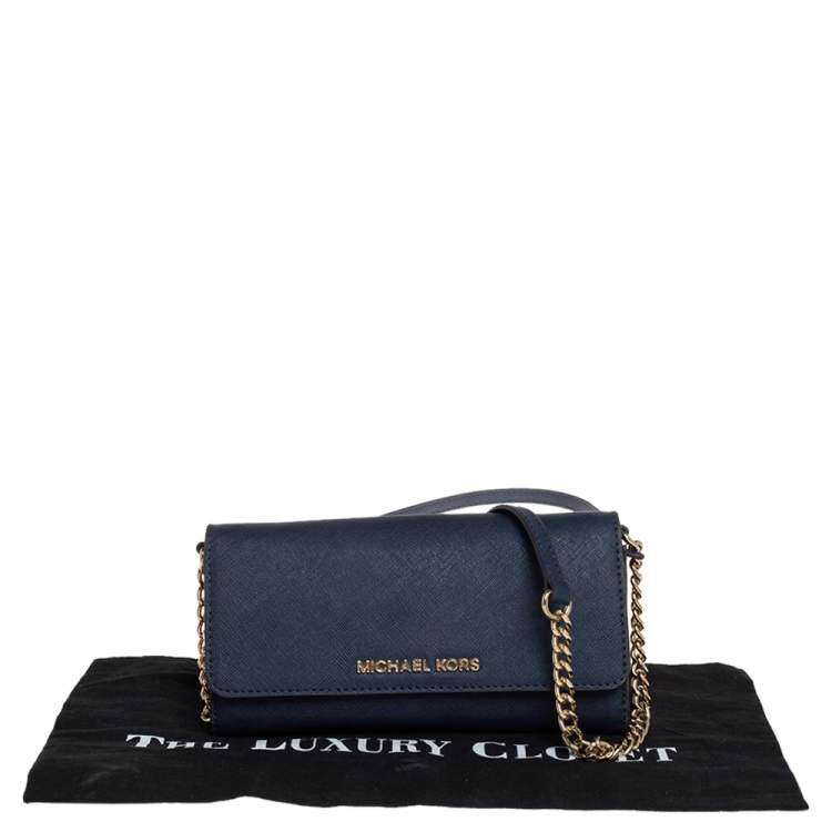 Pre Owned Michael Kors Blue Textured Leather Jet Set Chain Wallet