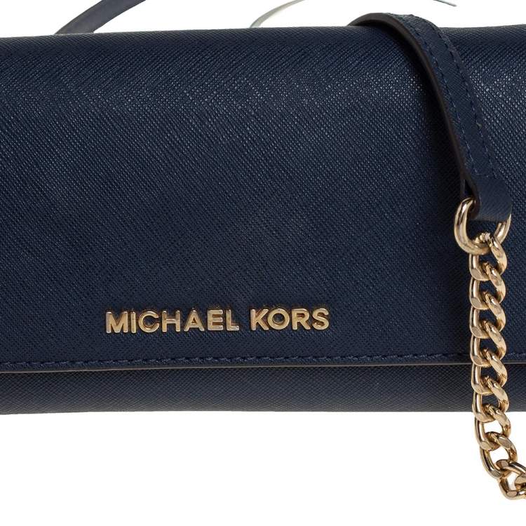 Pre Owned Michael Kors Blue Textured Leather Jet Set Chain Wallet