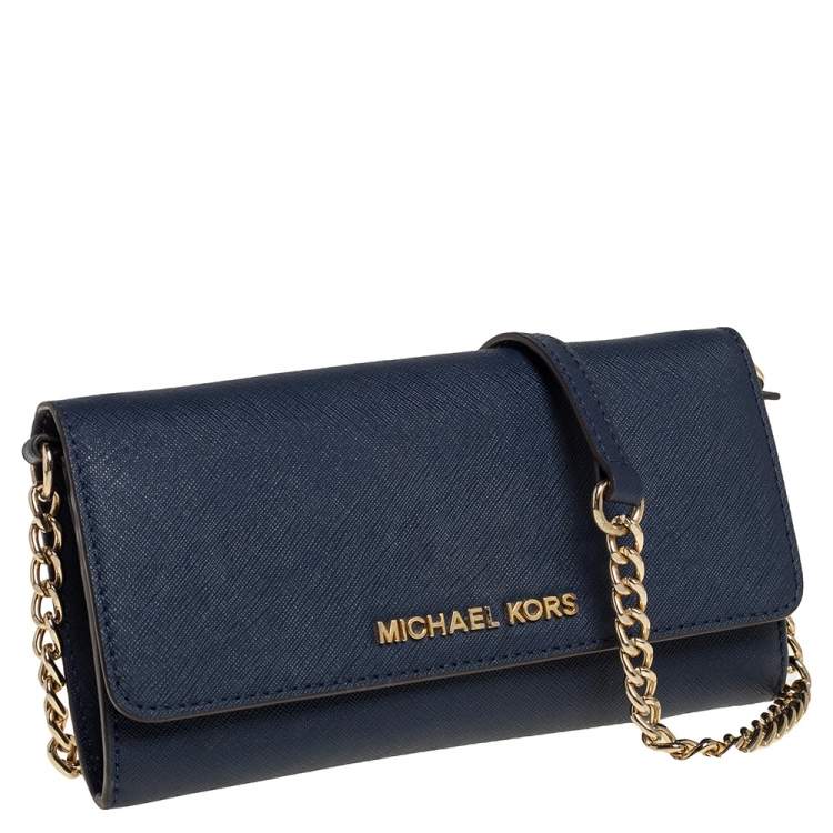 Pre Owned Michael Kors Blue Textured Leather Jet Set Chain Wallet