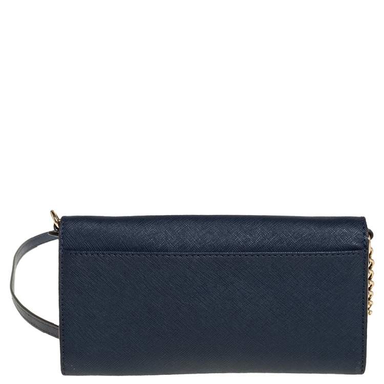 Pre Owned Michael Kors Blue Textured Leather Jet Set Chain Wallet