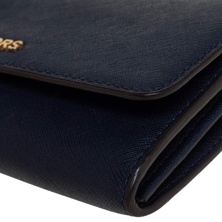 Pre Owned Michael Kors Blue Textured Leather Jet Set Chain Wallet