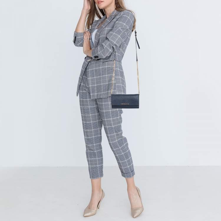 Pre Owned Michael Kors Blue Textured Leather Jet Set Chain Wallet